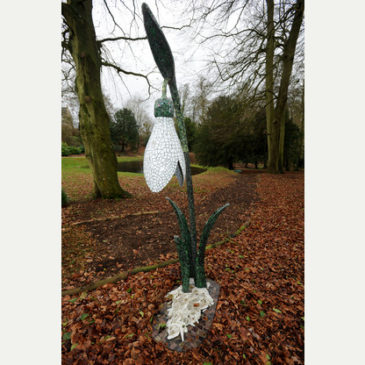Snowdrop sculpture by Living Mosaics now installed at Painswick Rococco Gardens